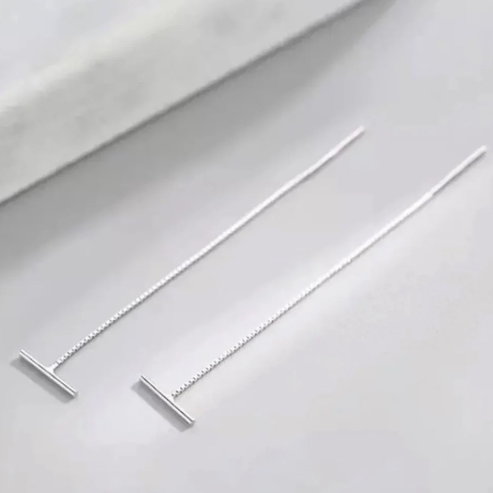 Sterling Silver Threaded Bar Thread Chain Earrings - Picture 3 of 3